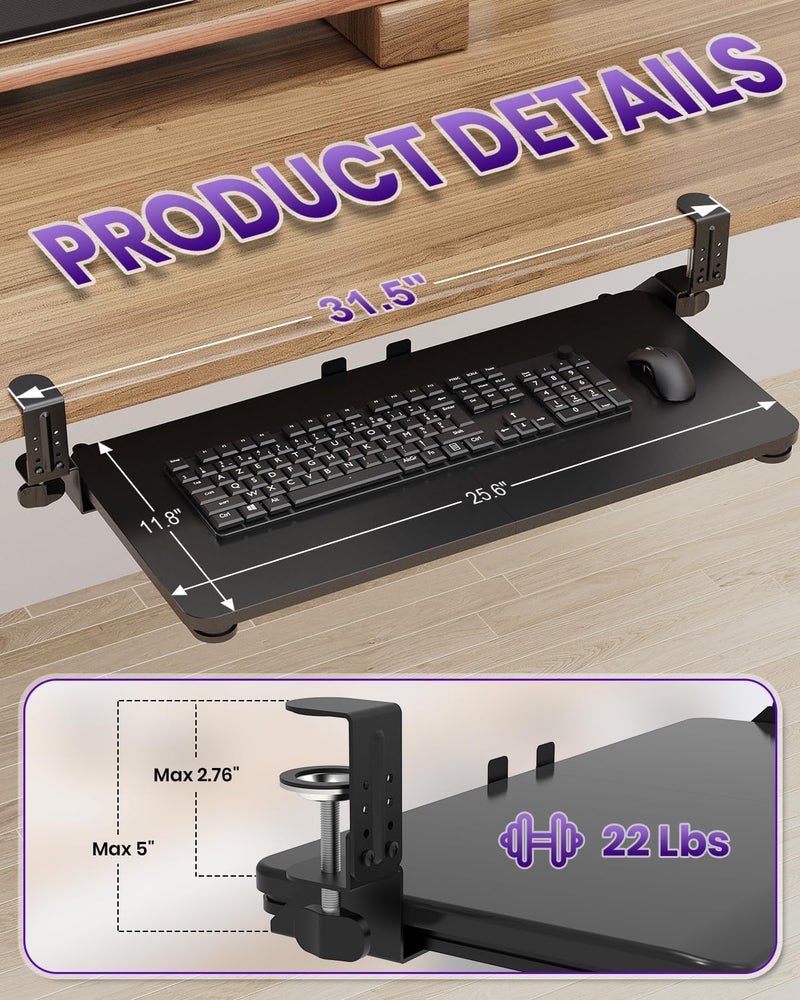 Zontera Store Ergonomic Keyboard Tray Under Desk, Pull Out with Adjustable C-clamp, 25.6 (31.5 Including Clamps) x 11.8 Inch Slide Out Computer Keyboard Drawer Mouse Tray for Typing, Large & Black - Image 2